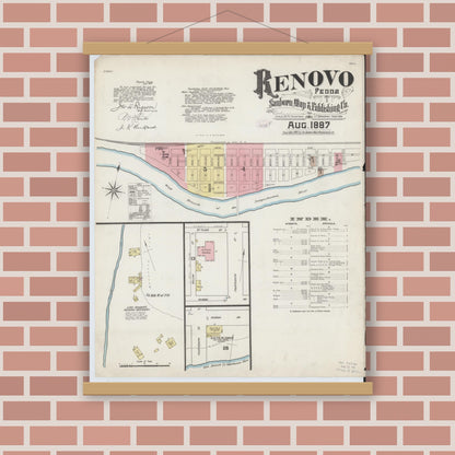 Old map wall art mockup — magnetic wood frame on brick wall — Sanborn Fire Insurance Map from Renovo, Clinton County, Pennsylvania (1887) - Complete Map Set