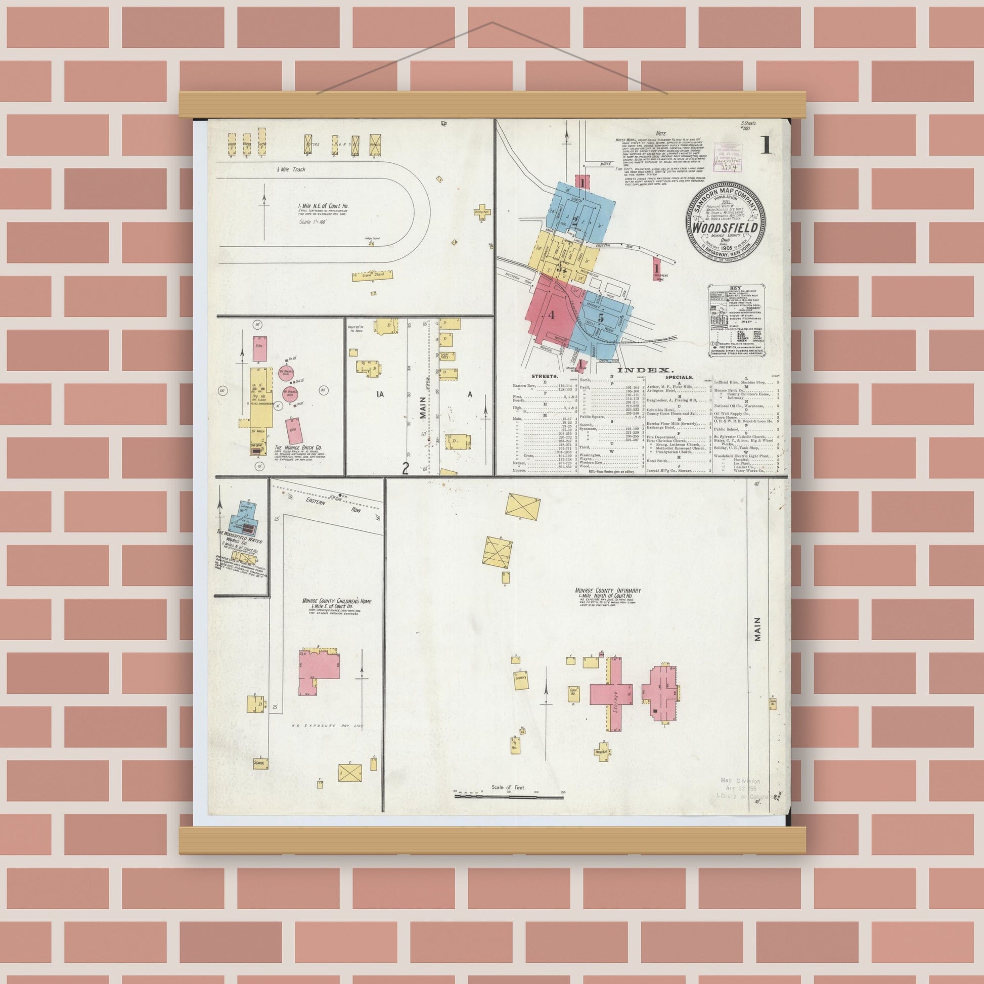 Old map wall art mockup — magnetic wood frame on brick wall — Sanborn Fire Insurance Map from Woodsfield, Monroe County, Ohio (1905) - Complete Map Set