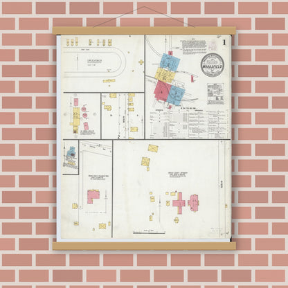 Old map wall art mockup — magnetic wood frame on brick wall — Sanborn Fire Insurance Map from Woodsfield, Monroe County, Ohio (1905) - Complete Map Set