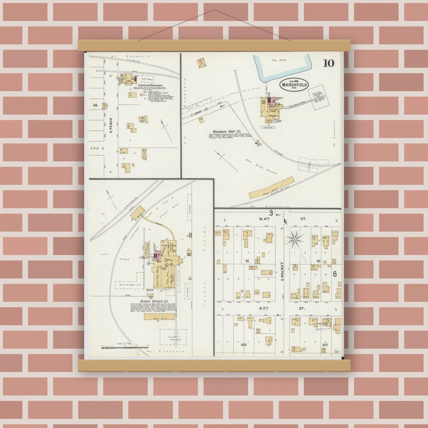 Old map wall art mockup — magnetic wood frame on brick wall — Sanborn Fire Insurance Map from Marshfield, Wood County, Wisconsin (1898), Sheet #0010