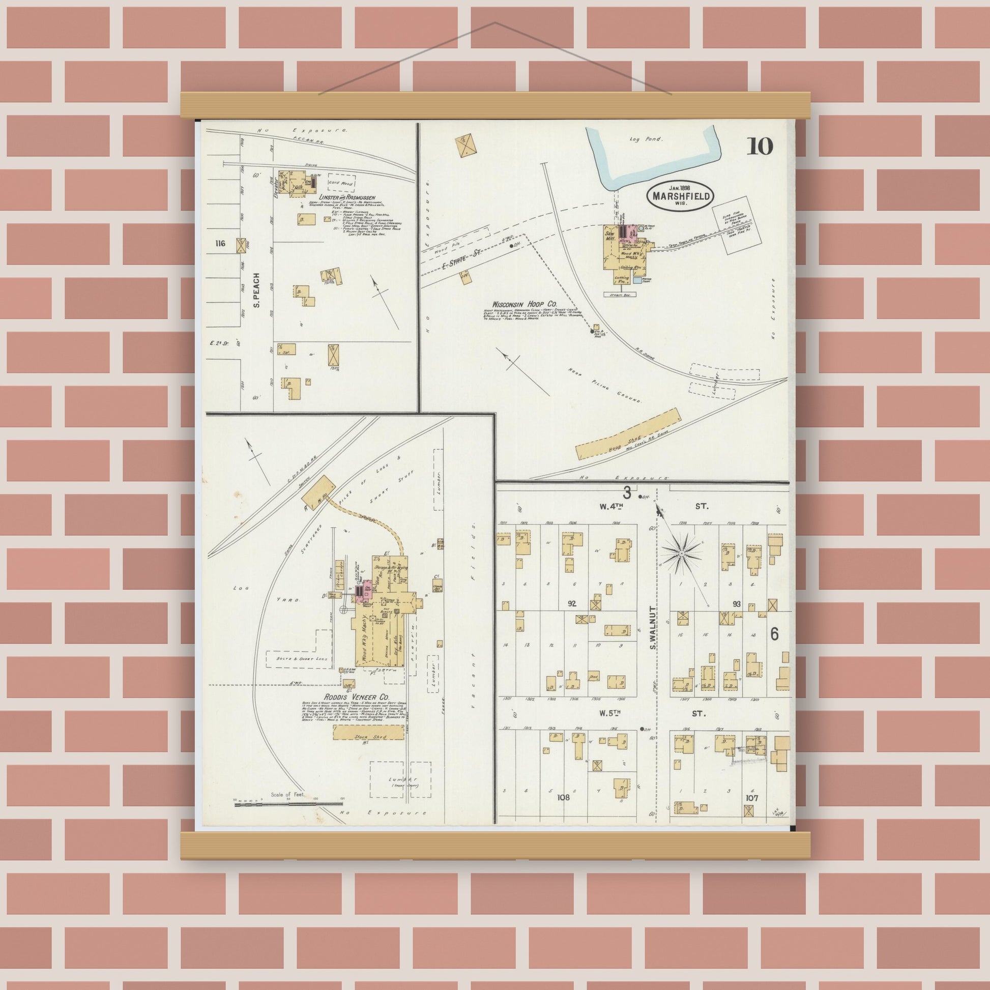 Old map wall art mockup — magnetic wood frame on brick wall — Sanborn Fire Insurance Map from Marshfield, Wood County, Wisconsin (1898), Sheet #0010