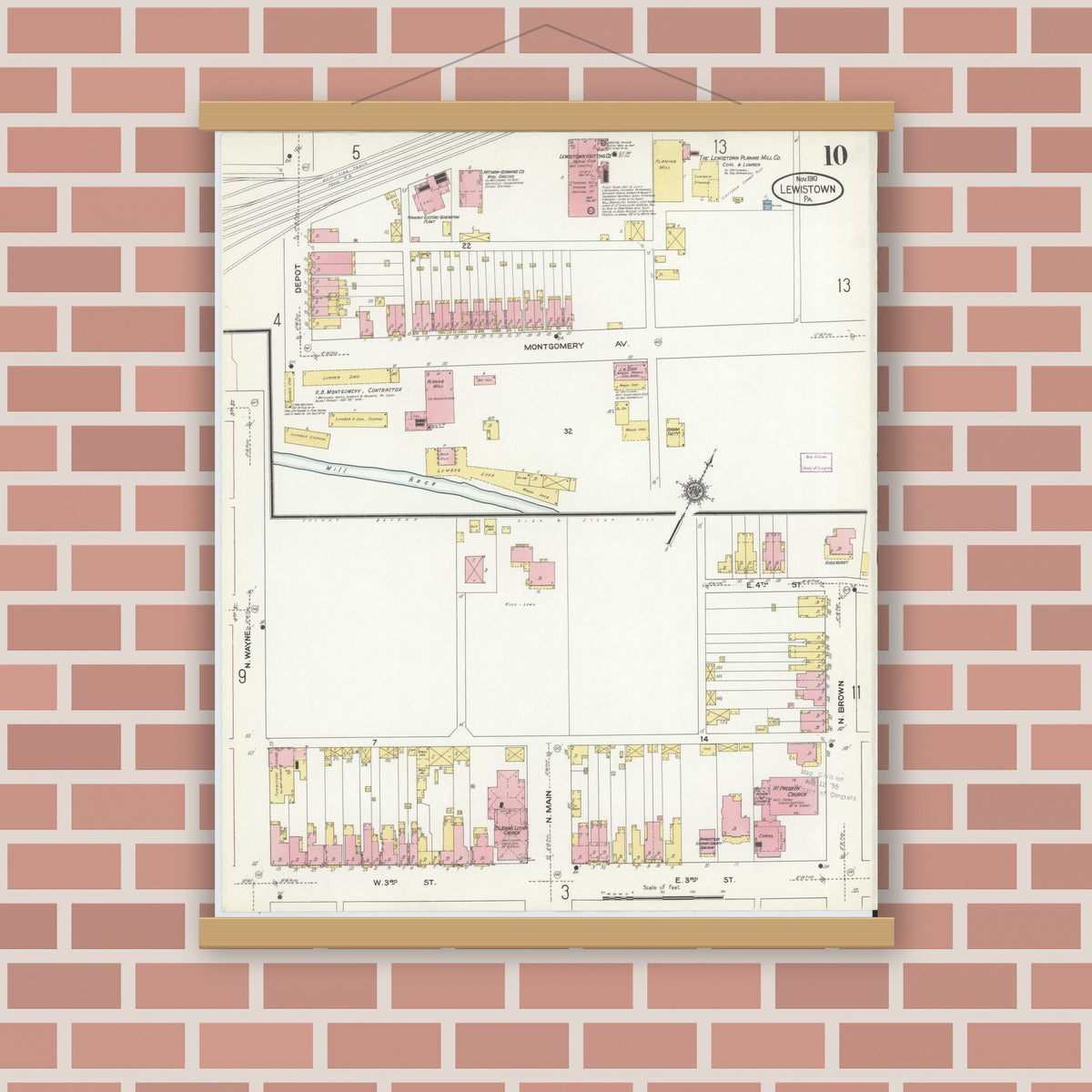 Old map wall art mockup — magnetic wood frame on brick wall — Sanborn Fire Insurance Map from Lewistown, Mifflin County, Pennsylvania (1910), Sheet #0010