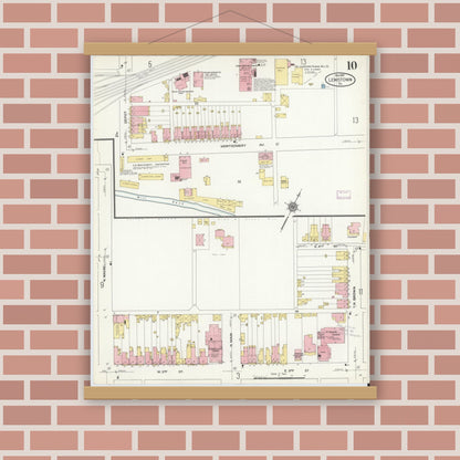 Old map wall art mockup — magnetic wood frame on brick wall — Sanborn Fire Insurance Map from Lewistown, Mifflin County, Pennsylvania (1910), Sheet #0010