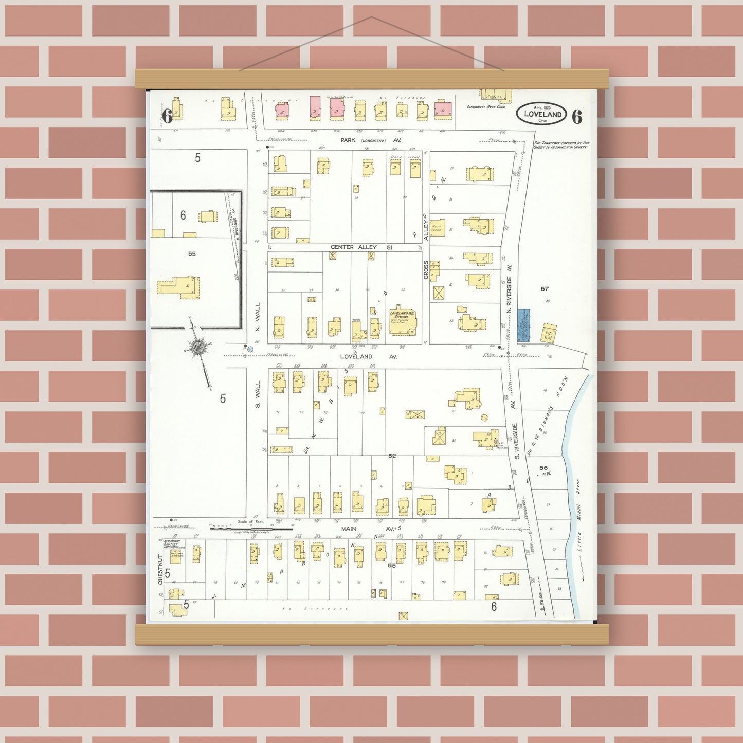Old map wall art mockup — magnetic wood frame on brick wall — Sanborn Fire Insurance Map from Loveland, Clermont, Hamilton, And Warren County, Ohio (1923), Sheet #0006