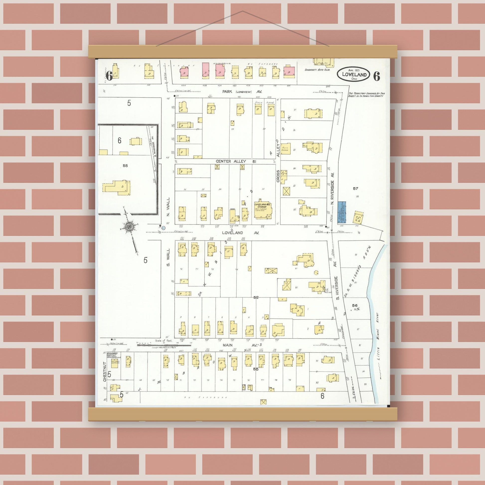 Old map wall art mockup — magnetic wood frame on brick wall — Sanborn Fire Insurance Map from Loveland, Clermont, Hamilton, And Warren County, Ohio (1923), Sheet #0006