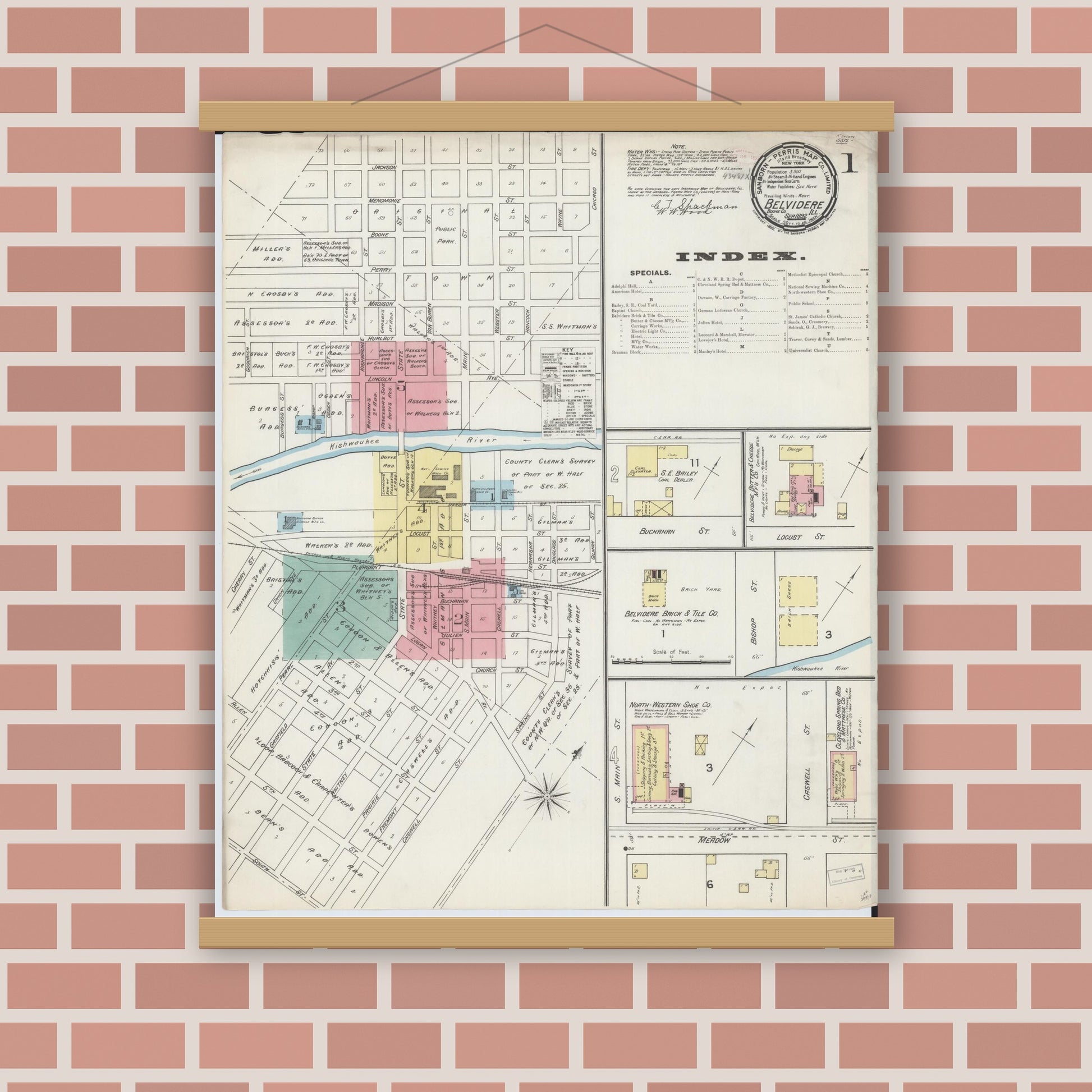 Old map wall art mockup — magnetic wood frame on brick wall — Sanborn Fire Insurance Map from Belvidere, Boone County, Illinois (1892), Sheet #0001
