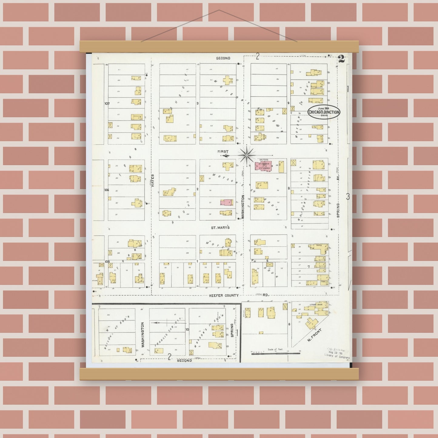 Old map wall art mockup — magnetic wood frame on brick wall — Sanborn Fire Insurance Map from Chicago Junction, Huron County, Ohio (1904), Sheet #0002