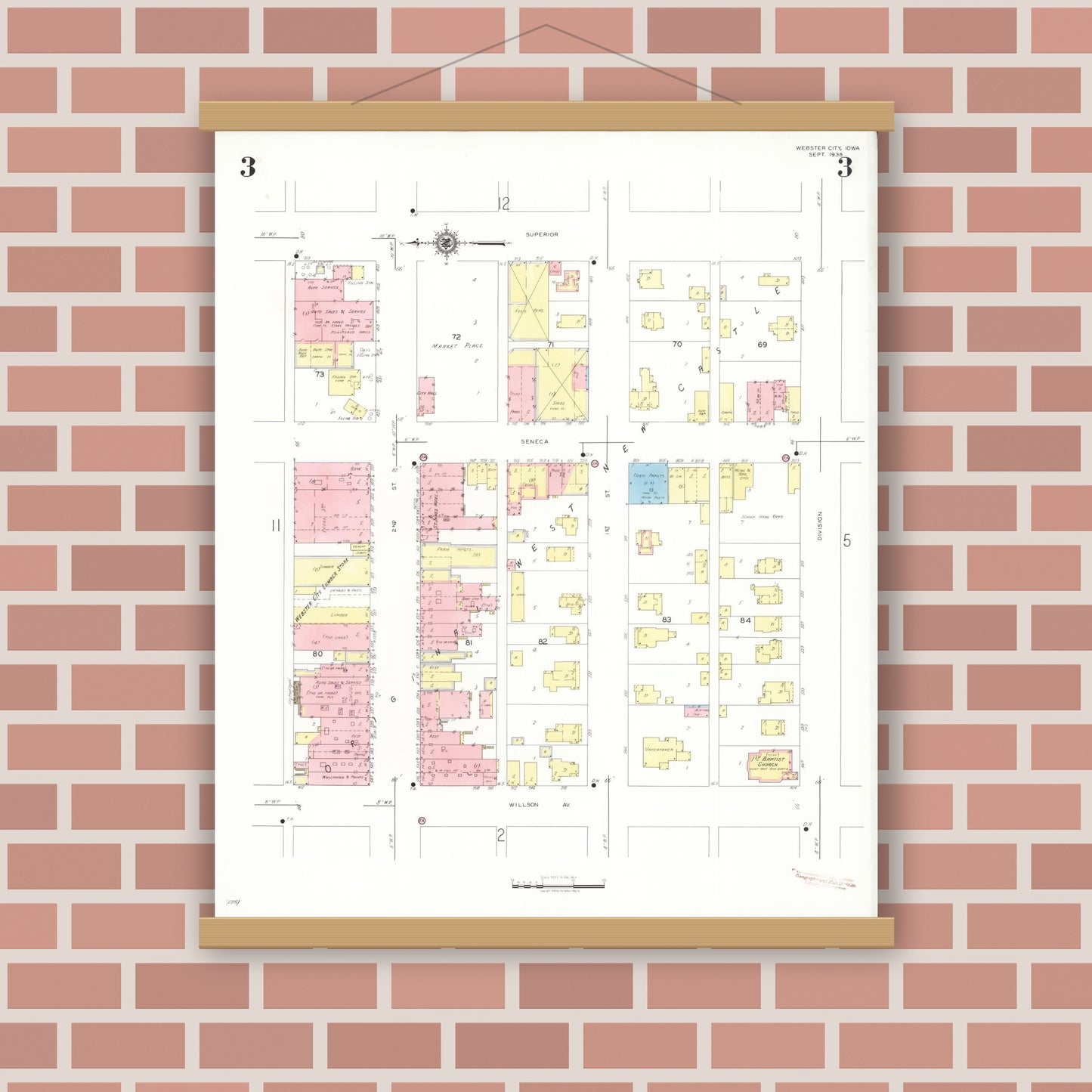 Old map wall art mockup — magnetic wood frame on brick wall — Sanborn Fire Insurance Map from Webster City, Hamilton County, Iowa (1938), Sheet #0003