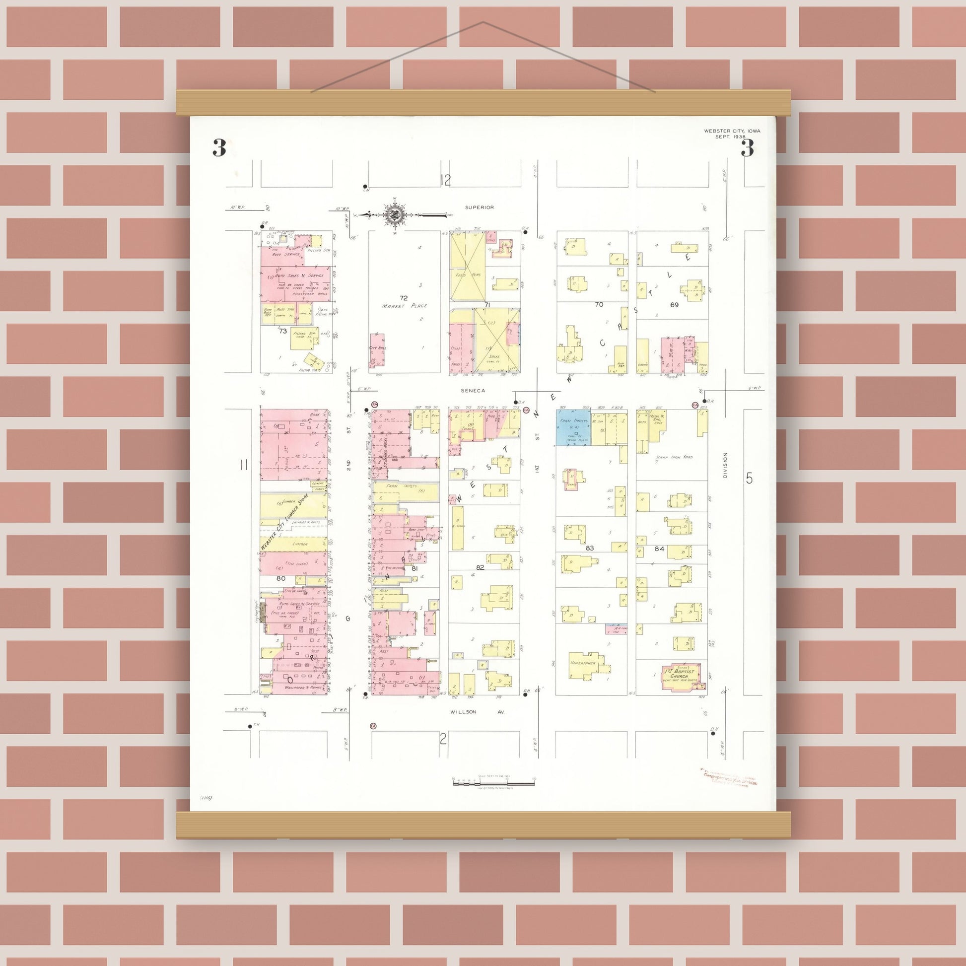 Old map wall art mockup — magnetic wood frame on brick wall — Sanborn Fire Insurance Map from Webster City, Hamilton County, Iowa (1938), Sheet #0003