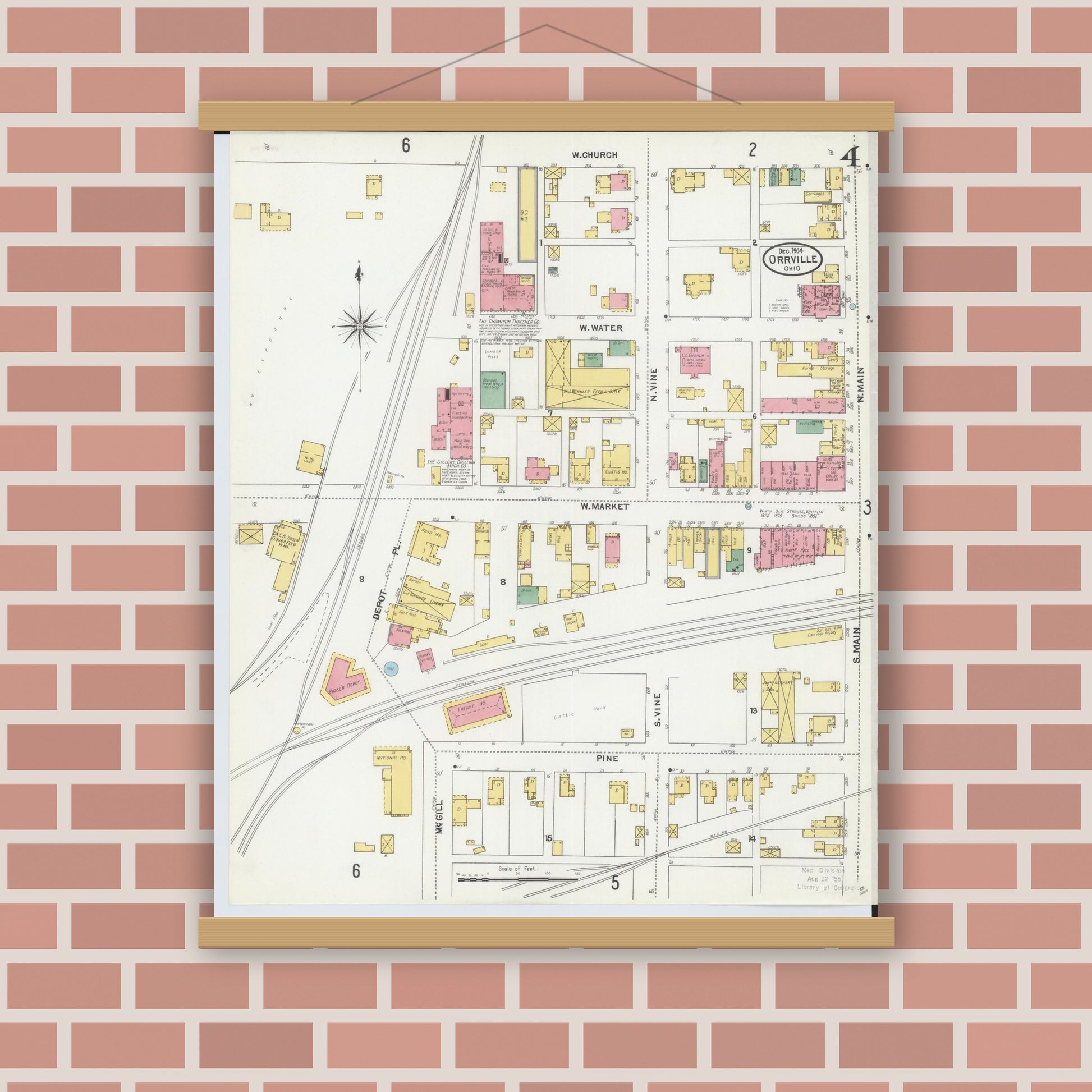 Old map wall art mockup — magnetic wood frame on brick wall — Sanborn Fire Insurance Map from Orrville, Wayne County, Ohio (1904), Sheet #0004