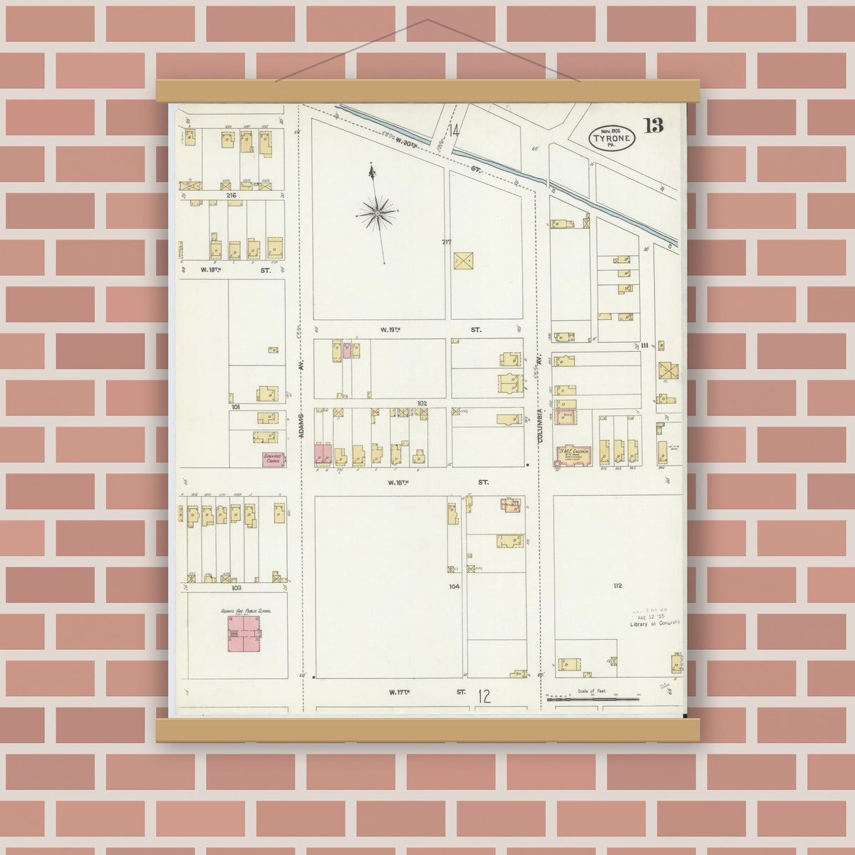 Old map wall art mockup — magnetic wood frame on brick wall — Sanborn Fire Insurance Map from Tyrone, Blair County, Pennsylvania (1906), Sheet #0013