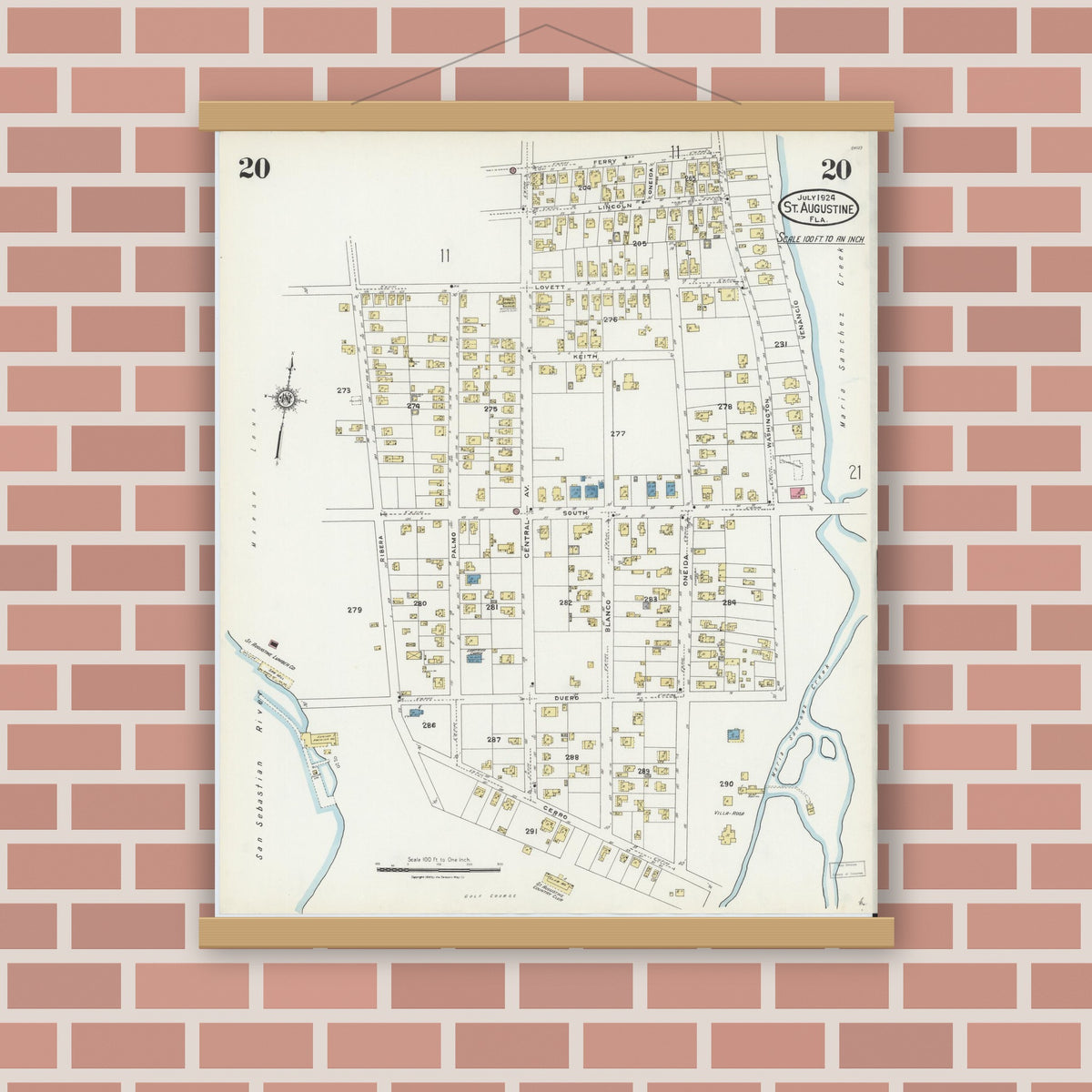 Old map wall art mockup — magnetic wood frame on brick wall — Sanborn Fire Insurance Map from Saint Augustine, Saint John's County, Florida (1924), Sheet #0020