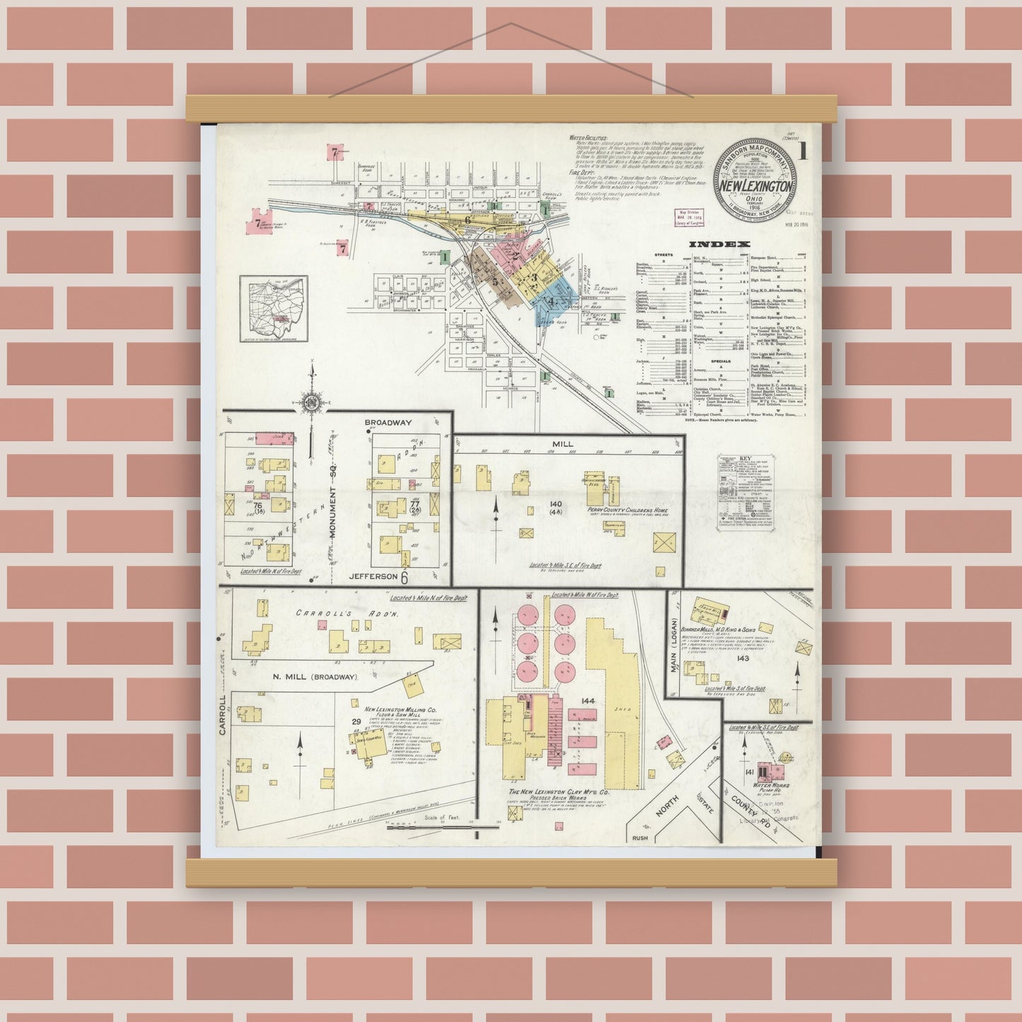Old map wall art mockup — magnetic wood frame on brick wall — Sanborn Fire Insurance Map from New Lexington, Perry County, Ohio (1916), Sheet #0001