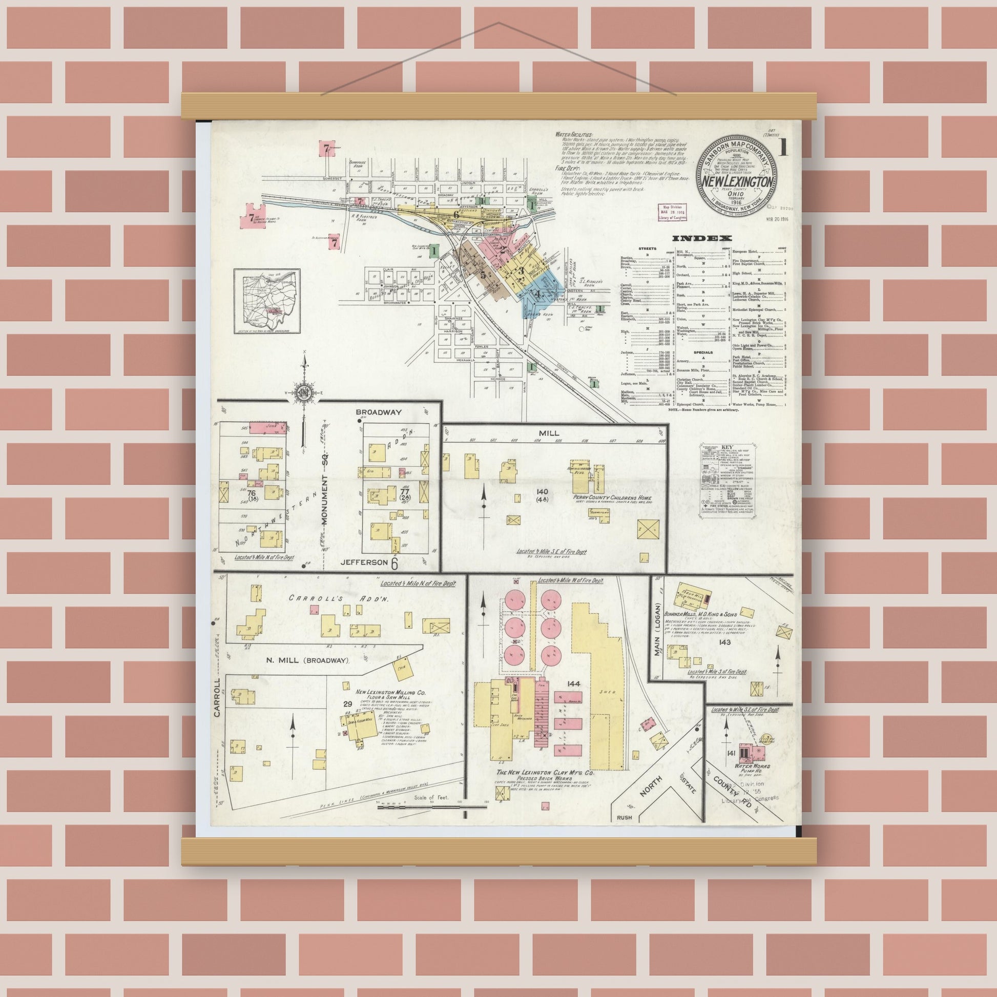 Old map wall art mockup — magnetic wood frame on brick wall — Sanborn Fire Insurance Map from New Lexington, Perry County, Ohio (1916), Sheet #0001