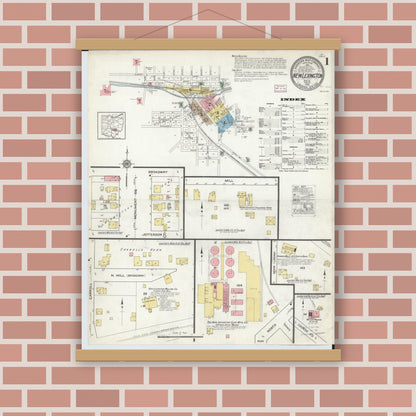 Old map wall art mockup — magnetic wood frame on brick wall — Sanborn Fire Insurance Map from New Lexington, Perry County, Ohio (1916), Sheet #0001