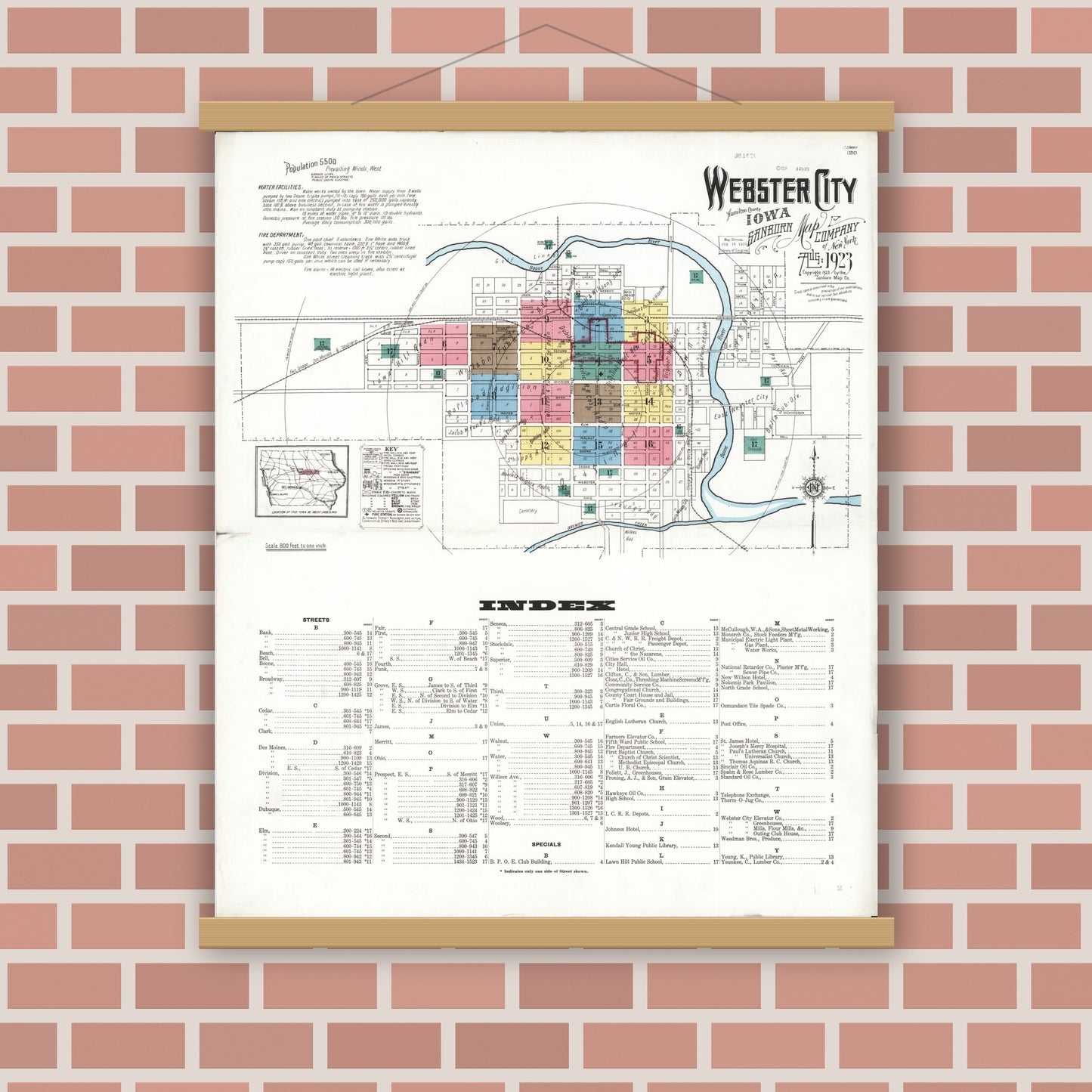Old map wall art mockup — magnetic wood frame on brick wall — Sanborn Fire Insurance Map from Webster City, Hamilton County, Iowa (1923) â€” Complete Set