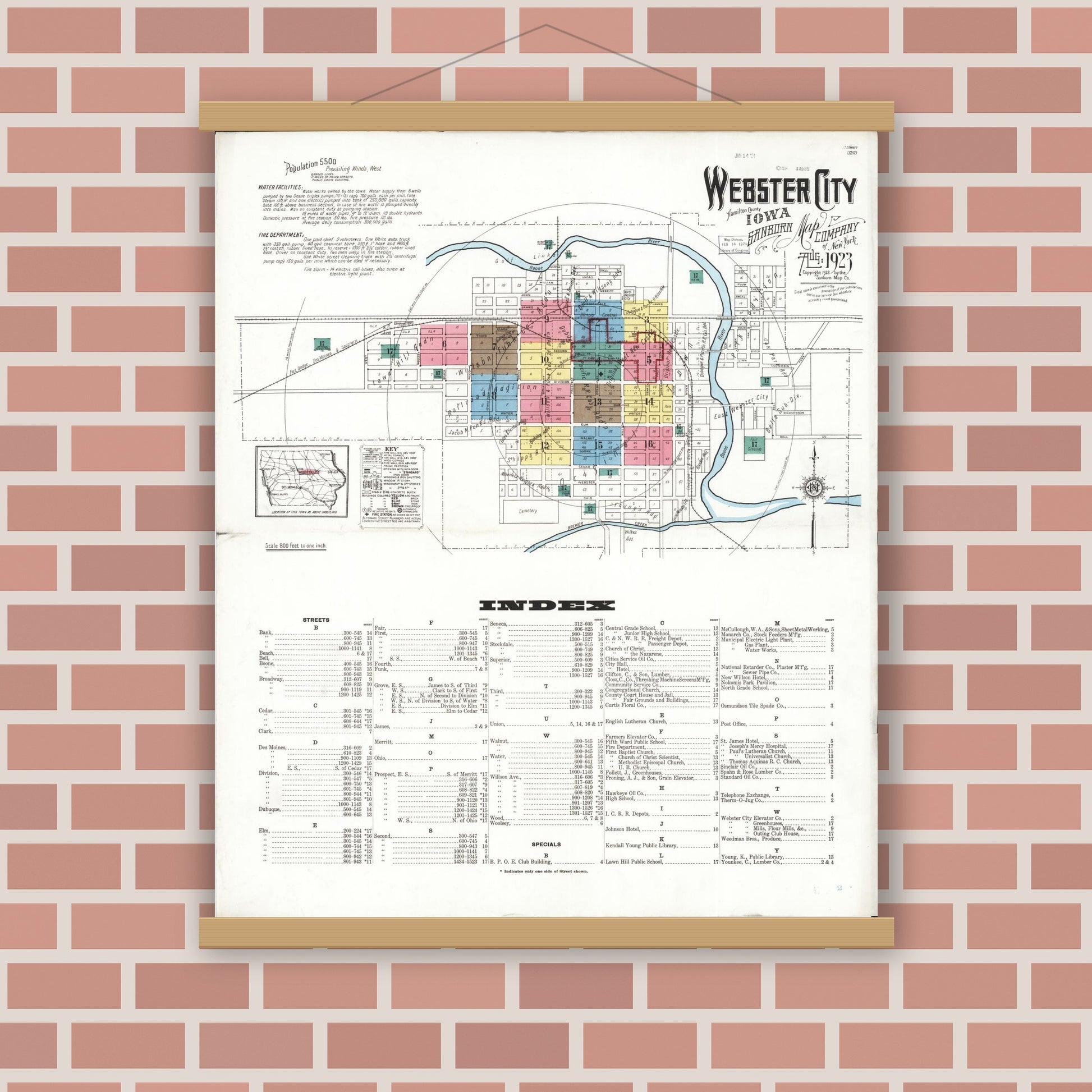 Old map wall art mockup — magnetic wood frame on brick wall — Sanborn Fire Insurance Map from Webster City, Hamilton County, Iowa (1923) â€” Complete Set