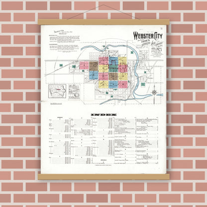 Old map wall art mockup — magnetic wood frame on brick wall — Sanborn Fire Insurance Map from Webster City, Hamilton County, Iowa (1923) â€” Complete Set