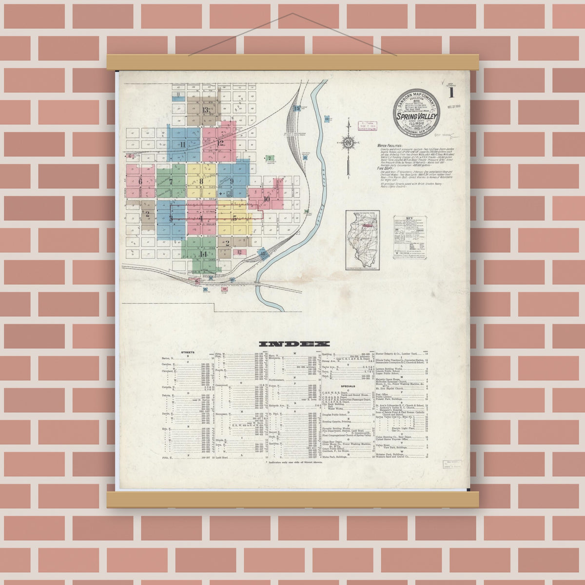 Old map wall art mockup — magnetic wood frame on brick wall — Sanborn Fire Insurance Map from Spring Valley, Bureau County, Illinois (1913), Sheet #0001