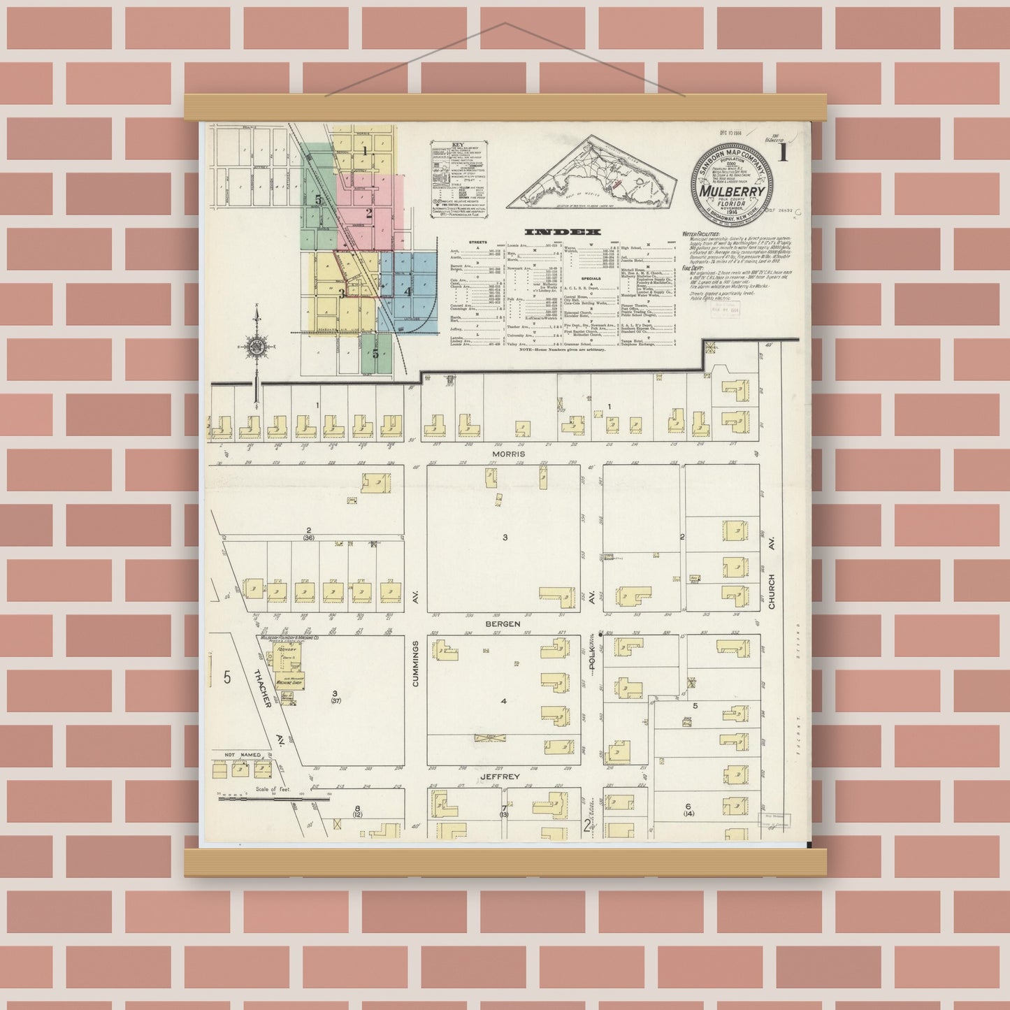 Old map wall art mockup — magnetic wood frame on brick wall — Sanborn Fire Insurance Map from Mulberry, Polk County, Florida (1914) - Complete Map Set