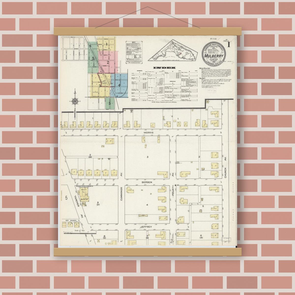 Old map wall art mockup — magnetic wood frame on brick wall — Sanborn Fire Insurance Map from Mulberry, Polk County, Florida (1914) - Complete Map Set