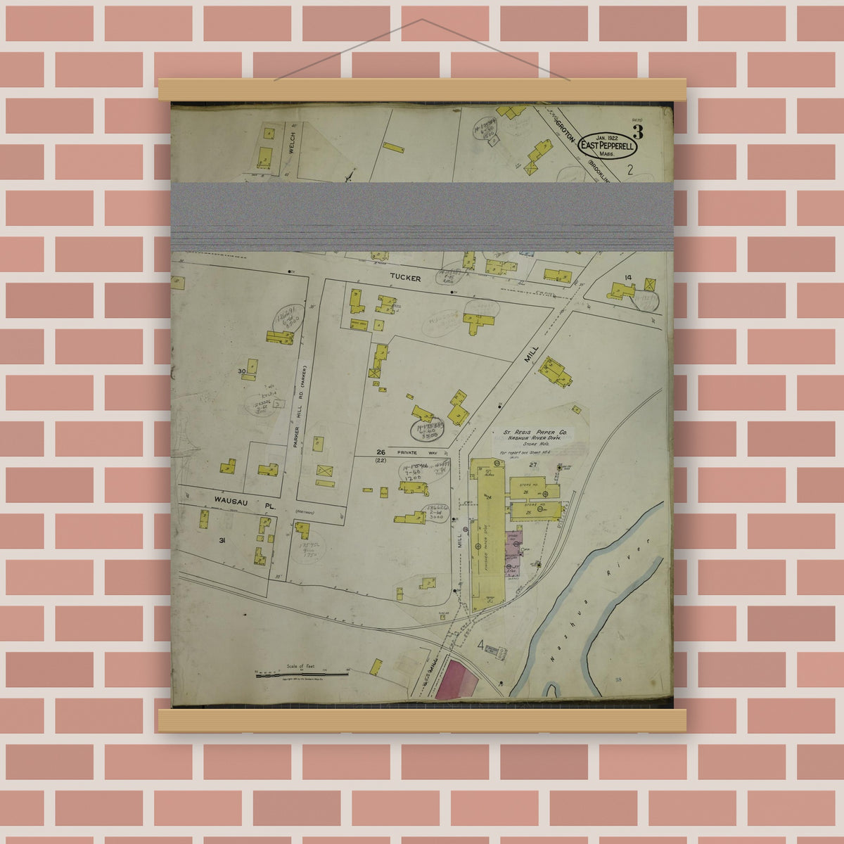 Old map wall art mockup — magnetic wood frame on brick wall — Sanborn Fire Insurance Map from East Pepperell, Middlesex County, Massachusetts (1953), Sheet #0003
