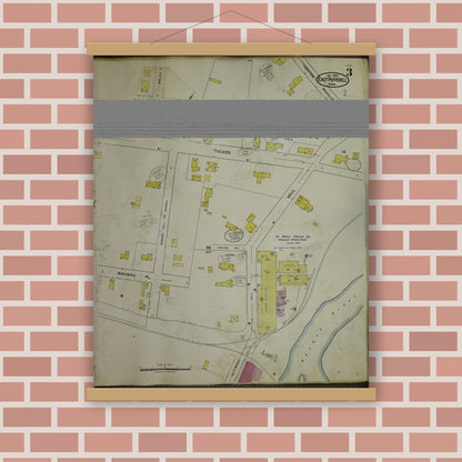 Old map wall art mockup — magnetic wood frame on brick wall — Sanborn Fire Insurance Map from East Pepperell, Middlesex County, Massachusetts (1953), Sheet #0003