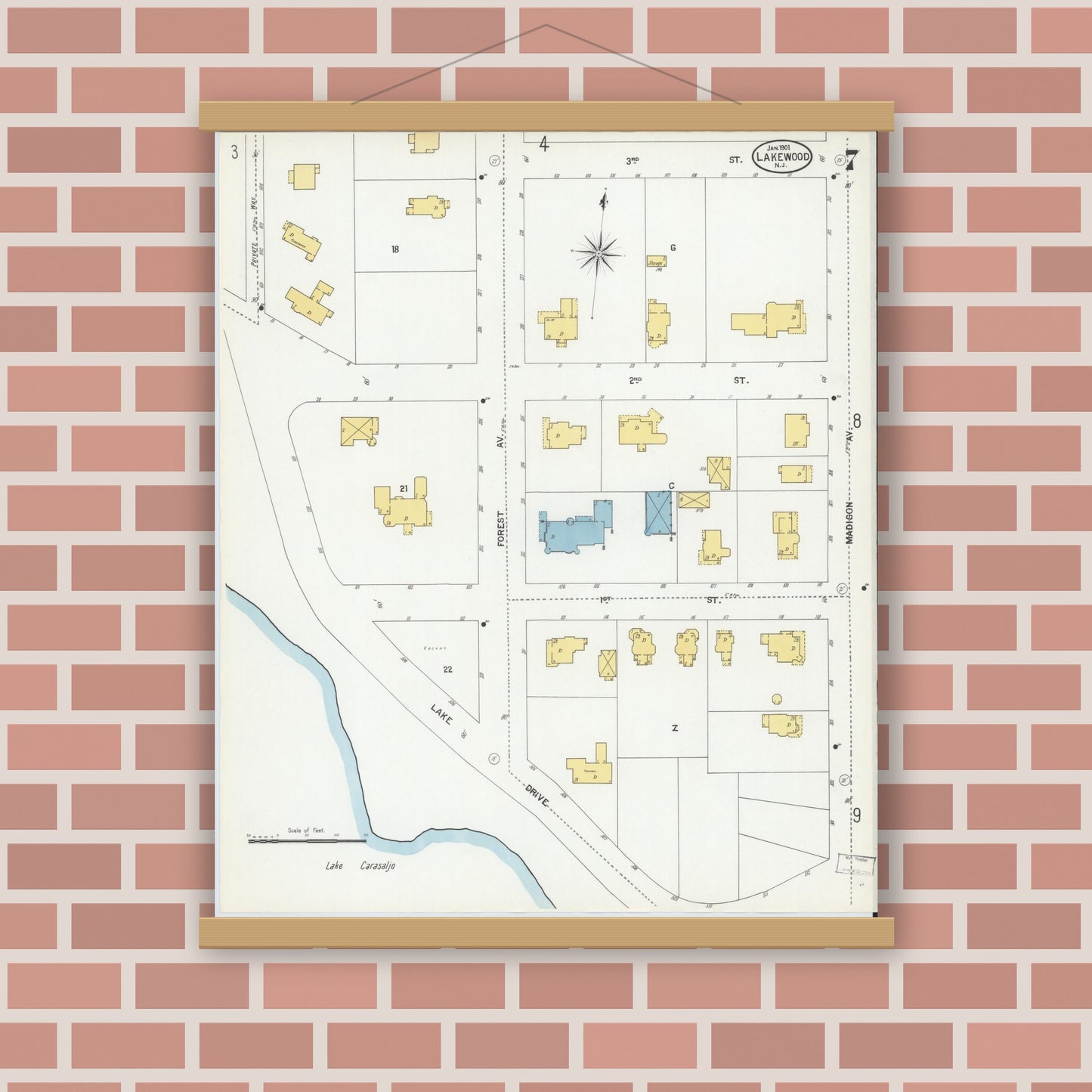Old map wall art mockup — magnetic wood frame on brick wall — Sanborn Fire Insurance Map from Lakewood, Ocean County, New Jersey (1901), Sheet #0007