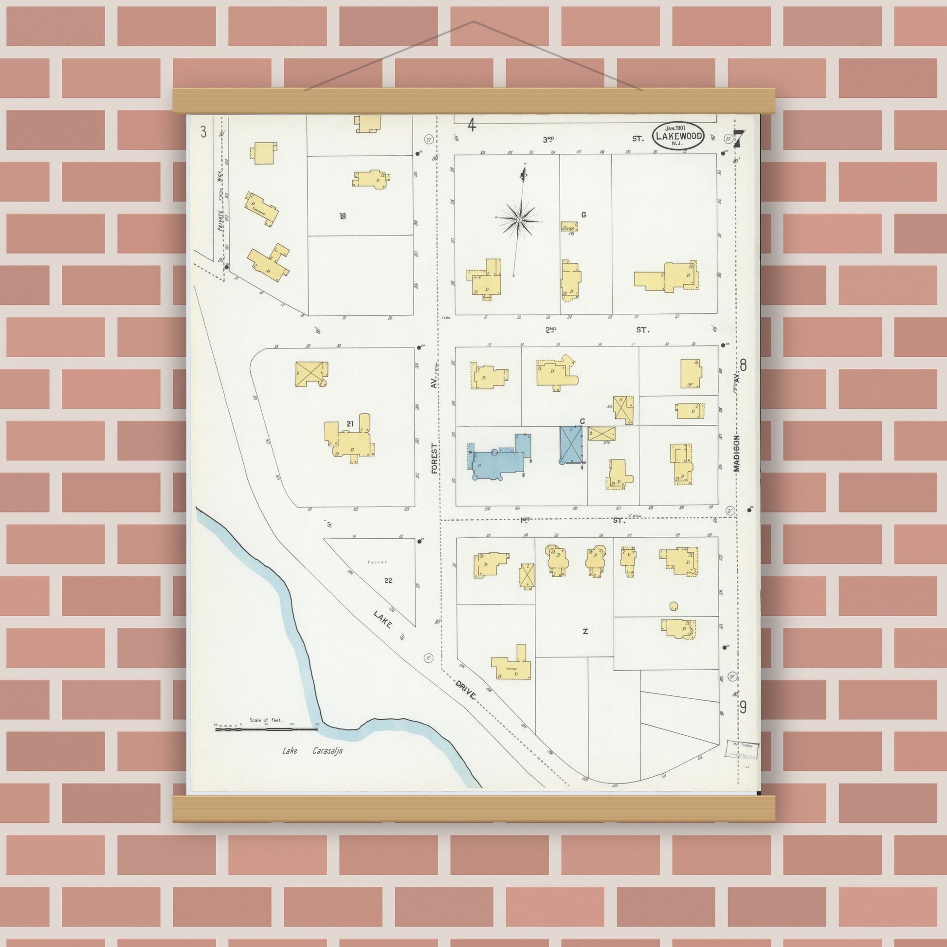 Old map wall art mockup — magnetic wood frame on brick wall — Sanborn Fire Insurance Map from Lakewood, Ocean County, New Jersey (1901), Sheet #0007