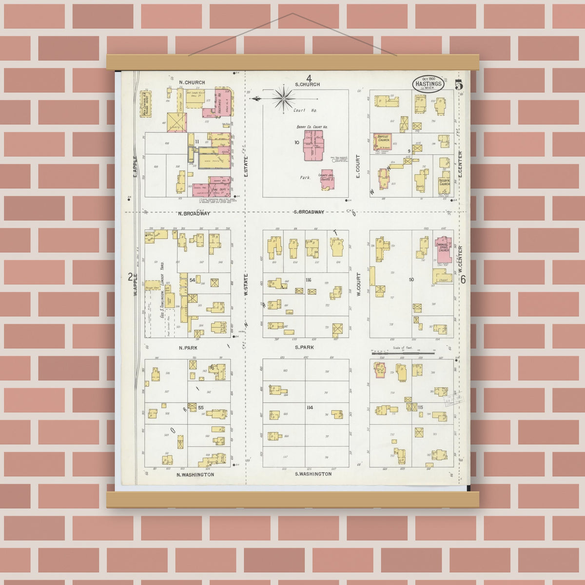 Old map wall art mockup — magnetic wood frame on brick wall — Sanborn Fire Insurance Map from Hastings, Barry County, Michigan (1900), Sheet #0005