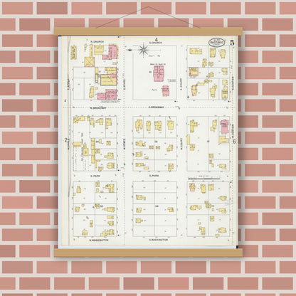 Old map wall art mockup — magnetic wood frame on brick wall — Sanborn Fire Insurance Map from Hastings, Barry County, Michigan (1900), Sheet #0005