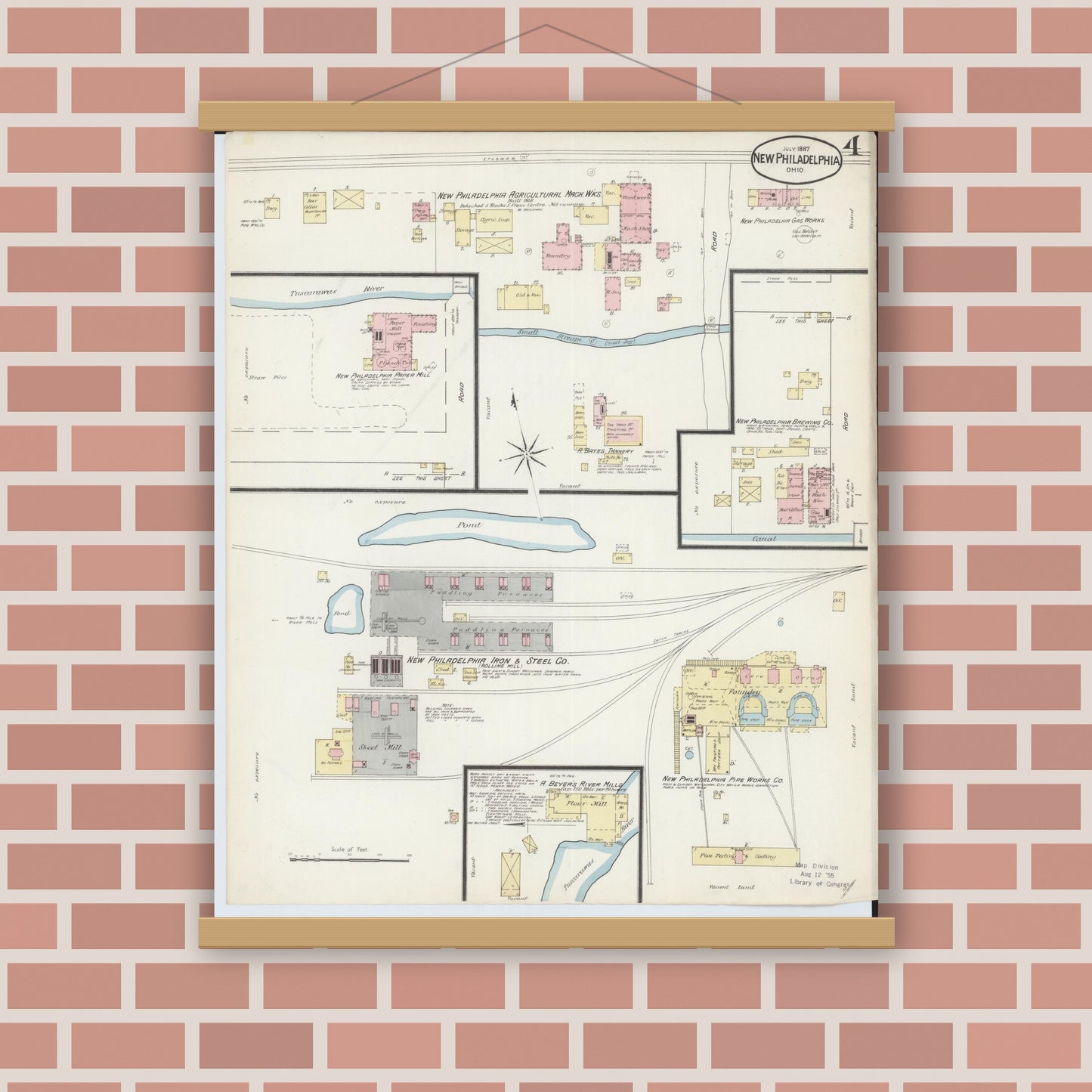 Old map wall art mockup — magnetic wood frame on brick wall — Sanborn Fire Insurance Map from New Philadelphia, Tuscarawas County, Ohio (1887), Sheet #0004