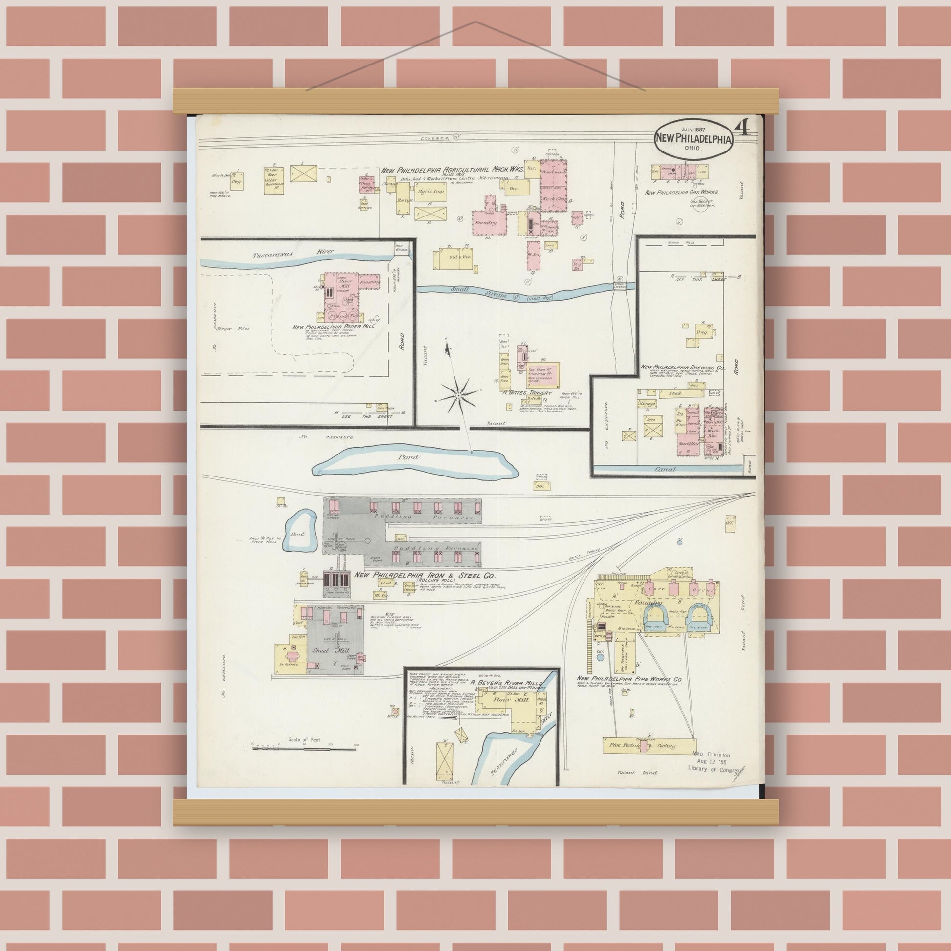 Old map wall art mockup — magnetic wood frame on brick wall — Sanborn Fire Insurance Map from New Philadelphia, Tuscarawas County, Ohio (1887), Sheet #0004