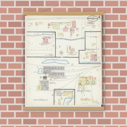 Old map wall art mockup — magnetic wood frame on brick wall — Sanborn Fire Insurance Map from New Philadelphia, Tuscarawas County, Ohio (1887), Sheet #0004