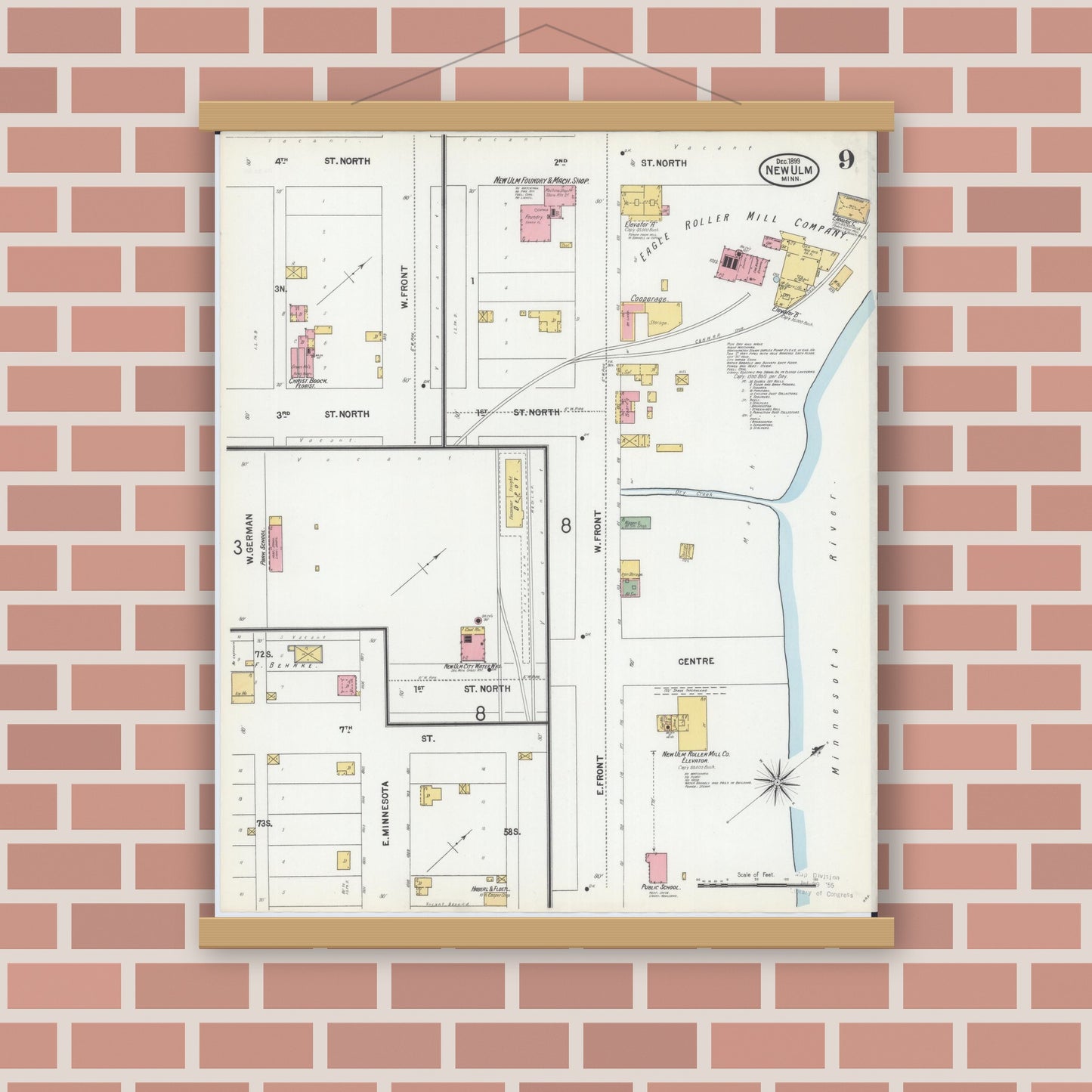 Old map wall art mockup — magnetic wood frame on brick wall — Sanborn Fire Insurance Map from New Ulm, Brown County, Minnesota (1899), Sheet #0009