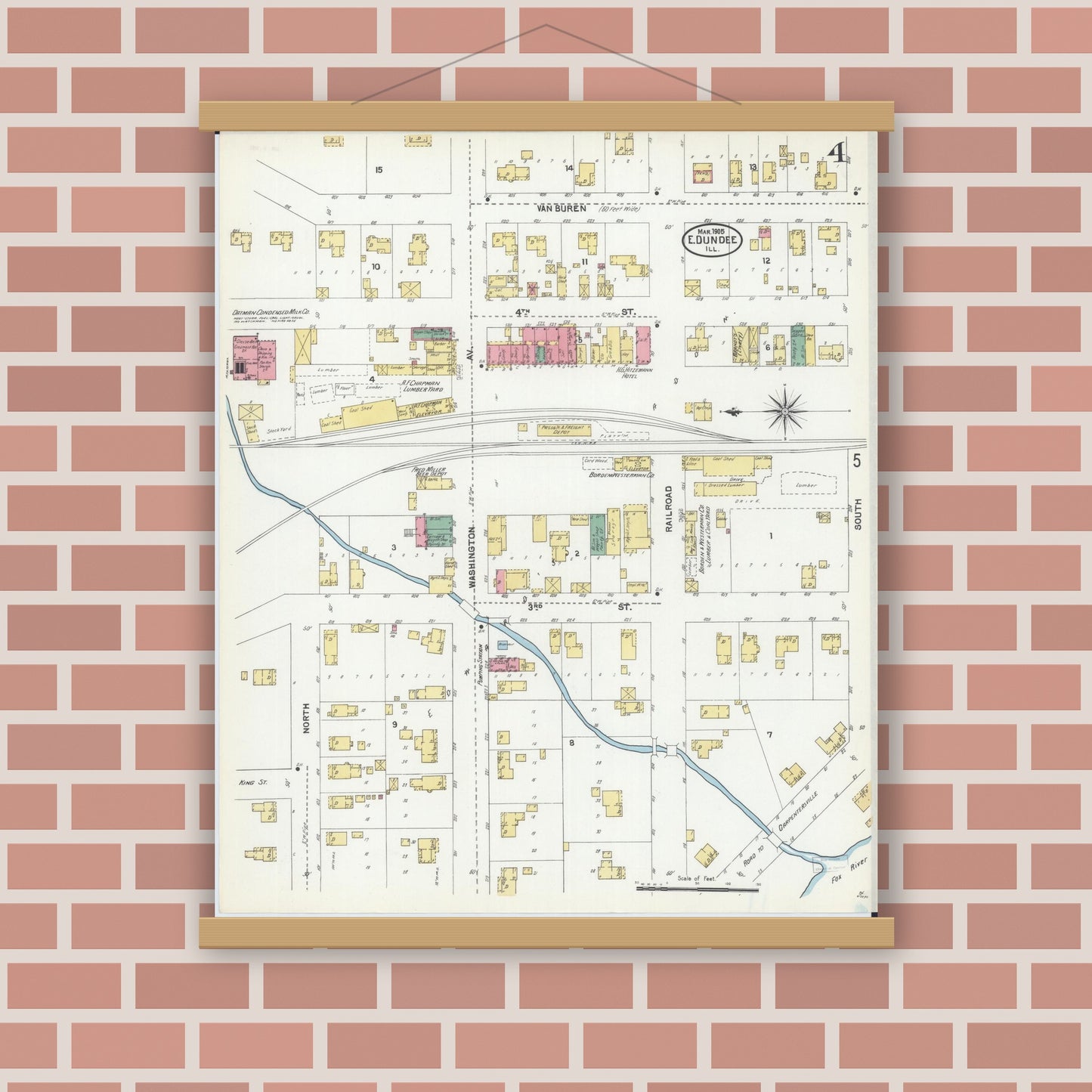 Old map wall art mockup — magnetic wood frame on brick wall — Sanborn Fire Insurance Map from Dundee, Kane County, Illinois (1905), Sheet #0004