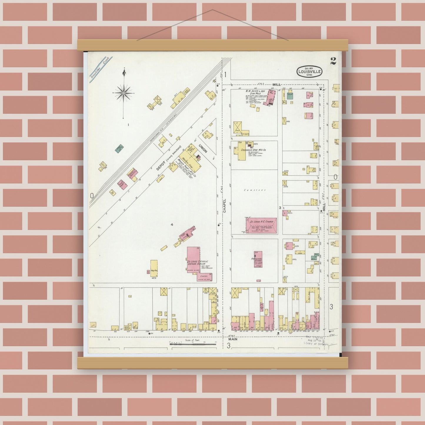 Old map wall art mockup — magnetic wood frame on brick wall — Sanborn Fire Insurance Map from Louisville, Stark County, Ohio (1901), Sheet #0002