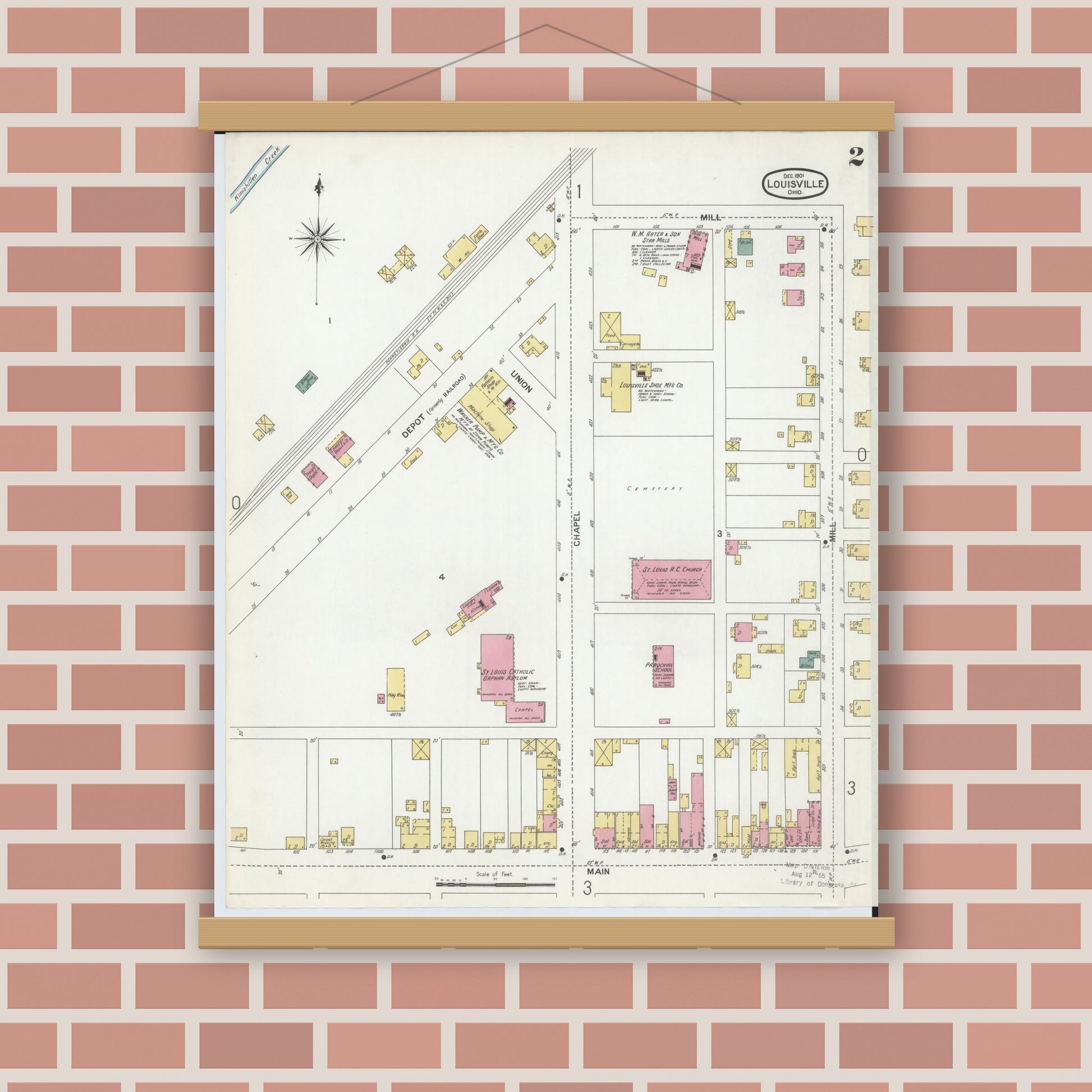Old map wall art mockup — magnetic wood frame on brick wall — Sanborn Fire Insurance Map from Louisville, Stark County, Ohio (1901), Sheet #0002