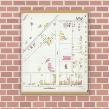 Old map wall art mockup — magnetic wood frame on brick wall — Sanborn Fire Insurance Map from Louisville, Stark County, Ohio (1901), Sheet #0002
