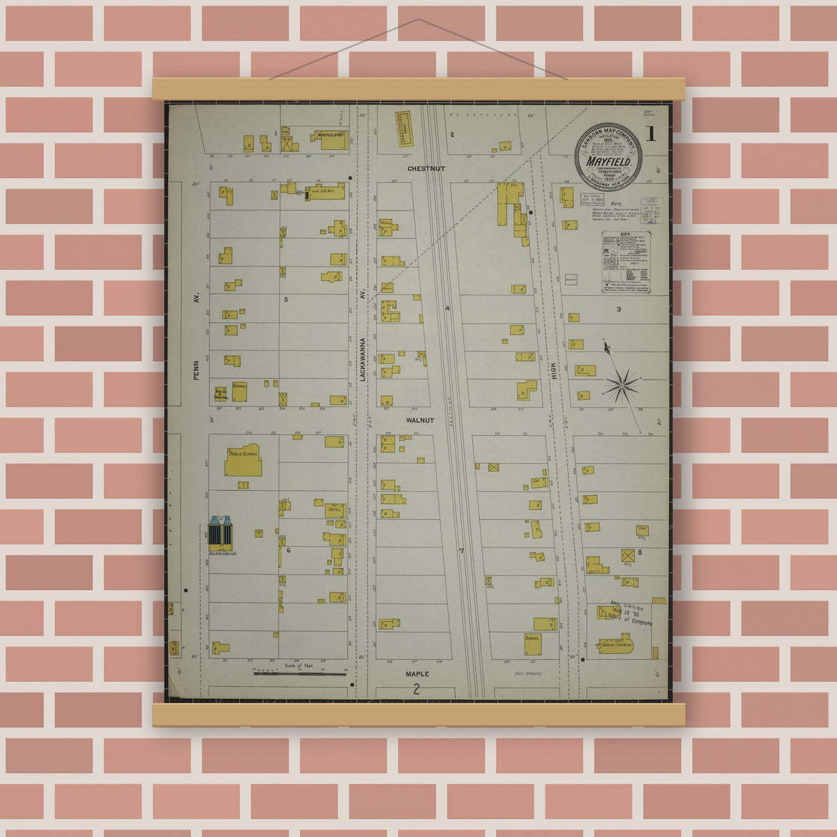 Old map wall art mockup — magnetic wood frame on brick wall — Sanborn Fire Insurance Map from Mayfield, Lackawanna County, Pennsylvania (1903) - Complete Map Set