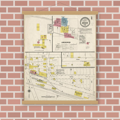 Old map wall art mockup — magnetic wood frame on brick wall — Sanborn Fire Insurance Map from Akron, Fulton County, Indiana (1920), Sheet #0001
