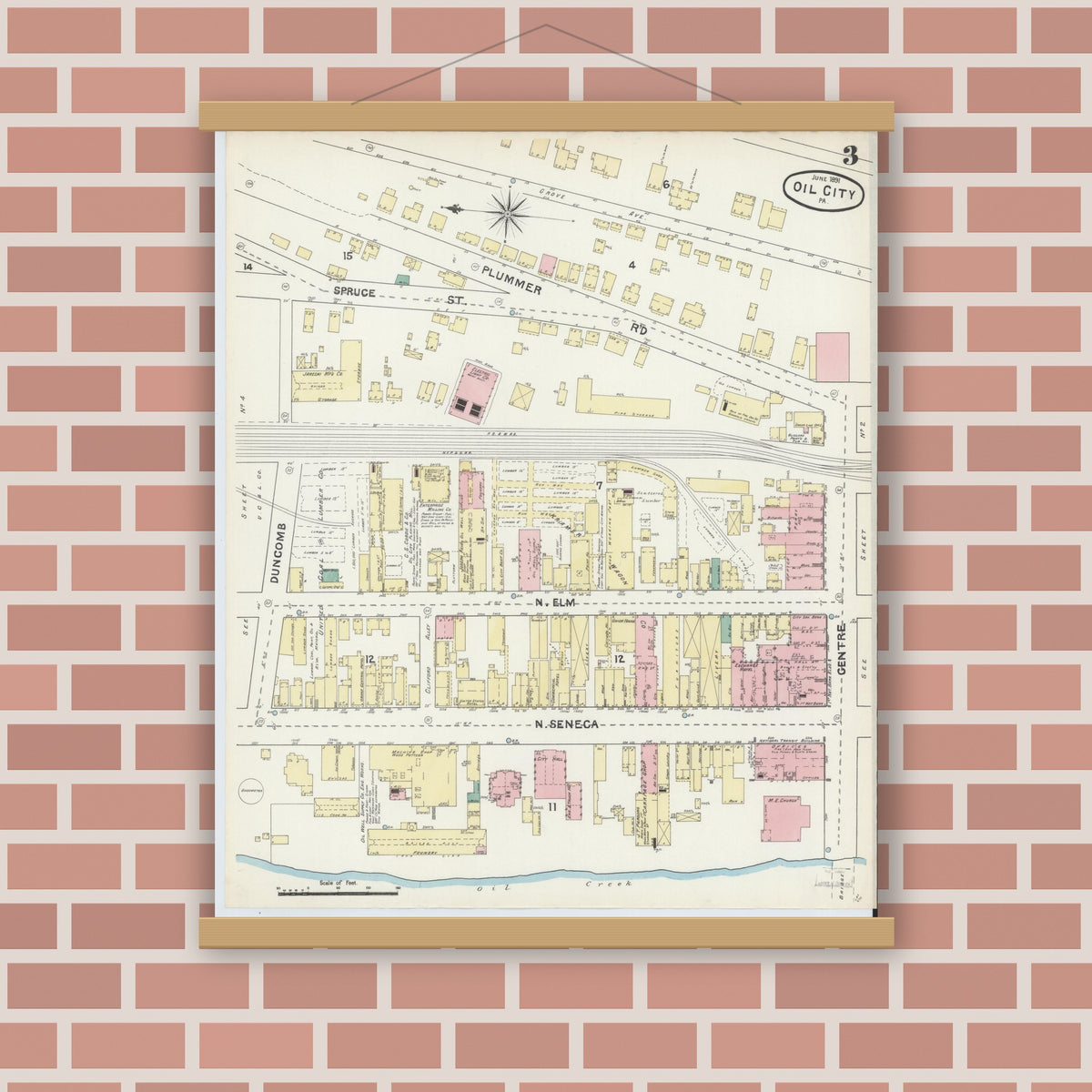 Old map wall art mockup — magnetic wood frame on brick wall — Sanborn Fire Insurance Map from Oil City, Venango County, Pennsylvania (1891), Sheet #0003