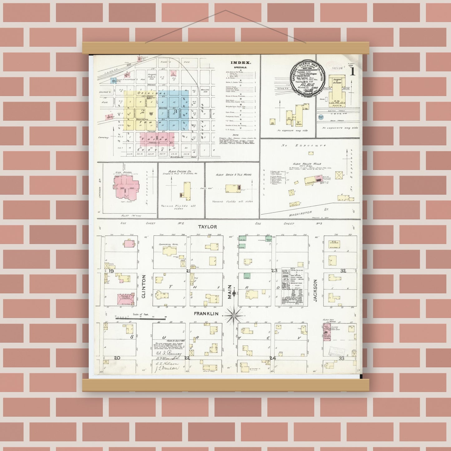 Old map wall art mockup — magnetic wood frame on brick wall — Sanborn Fire Insurance Map from Albia, Monroe County, Iowa (1891) â€” Complete Set