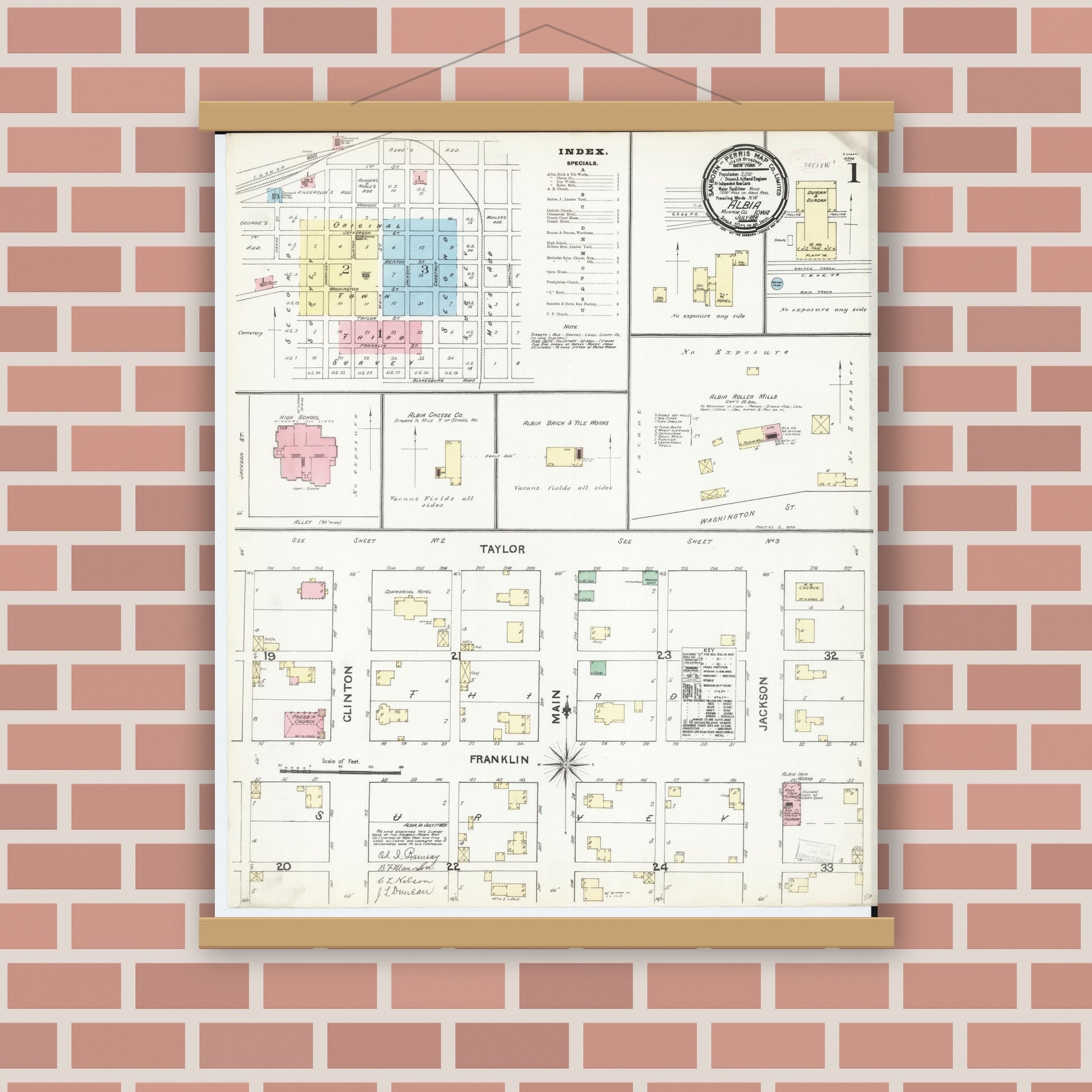 Old map wall art mockup — magnetic wood frame on brick wall — Sanborn Fire Insurance Map from Albia, Monroe County, Iowa (1891) â€” Complete Set
