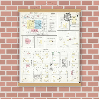 Old map wall art mockup — magnetic wood frame on brick wall — Sanborn Fire Insurance Map from Albia, Monroe County, Iowa (1891) â€” Complete Set