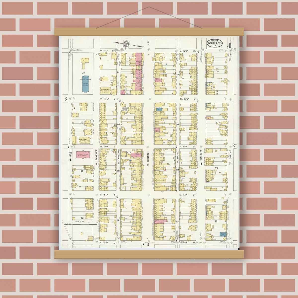 Old map wall art mockup — magnetic wood frame on brick wall — Sanborn Fire Insurance Map from Ashland, Schuylkill County, Pennsylvania (1913), Sheet #0004