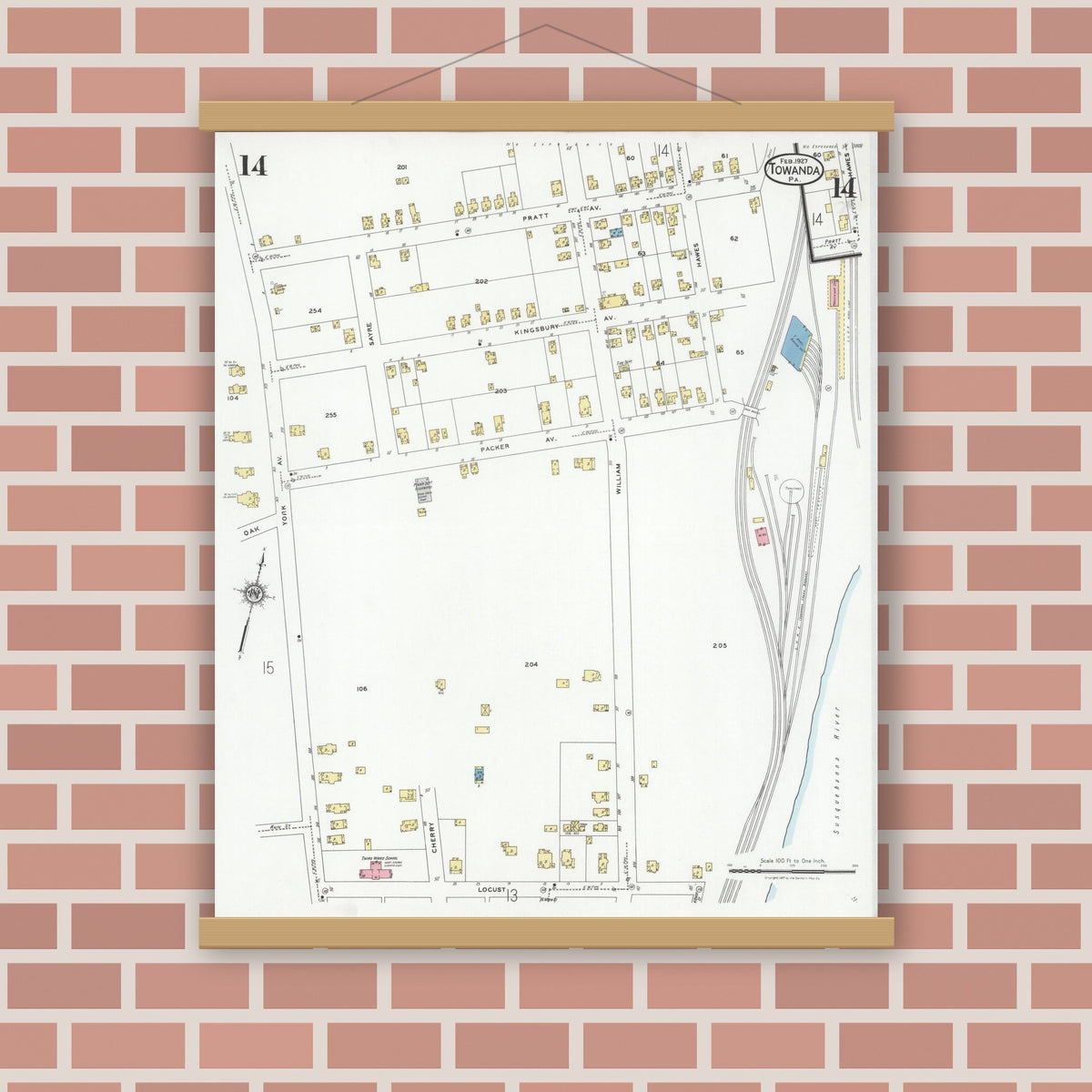Old map wall art mockup — magnetic wood frame on brick wall — Sanborn Fire Insurance Map from Towanda, Bradford County, Pennsylvania (1927), Sheet #0014