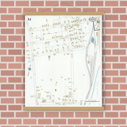 Old map wall art mockup — magnetic wood frame on brick wall — Sanborn Fire Insurance Map from Towanda, Bradford County, Pennsylvania (1927), Sheet #0014