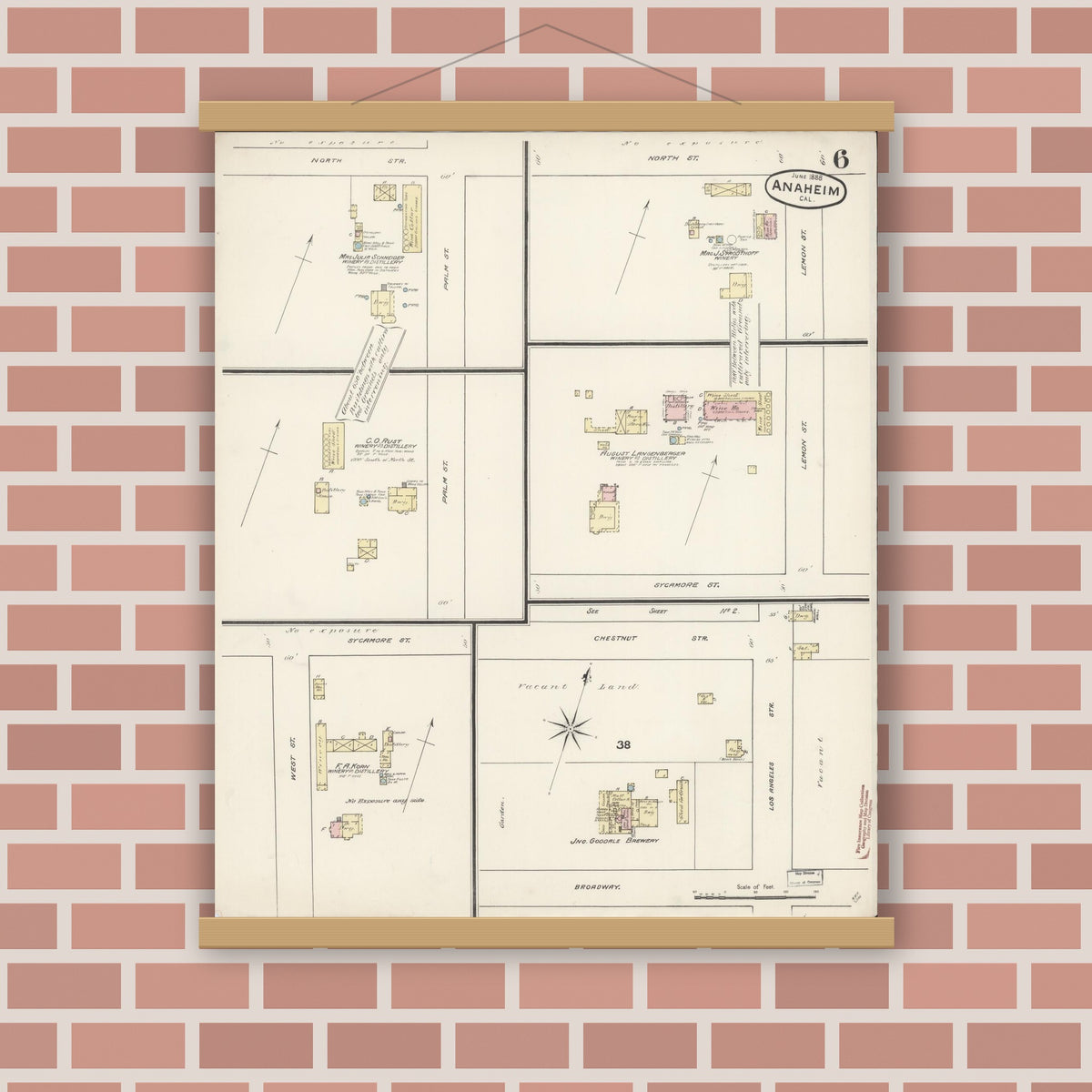 Old map wall art mockup — magnetic wood frame on brick wall — Sanborn Fire Insurance Map from Anaheim, Orange County, California (1888), Sheet #0006