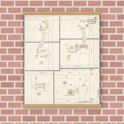 Old map wall art mockup — magnetic wood frame on brick wall — Sanborn Fire Insurance Map from Anaheim, Orange County, California (1888), Sheet #0006